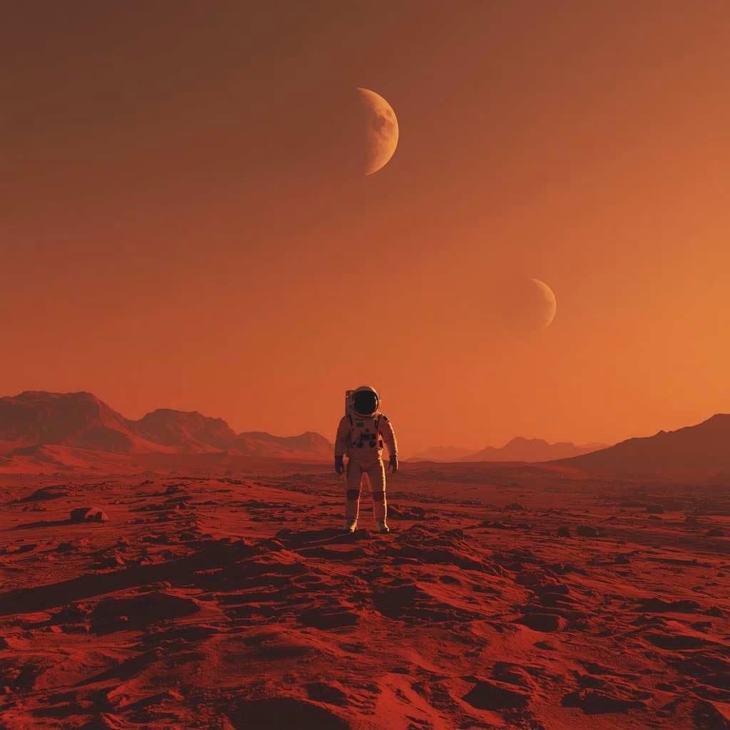 AI image created with the free DALL-E image generator - astronaut on a crimson alien planet with two moons at sunset