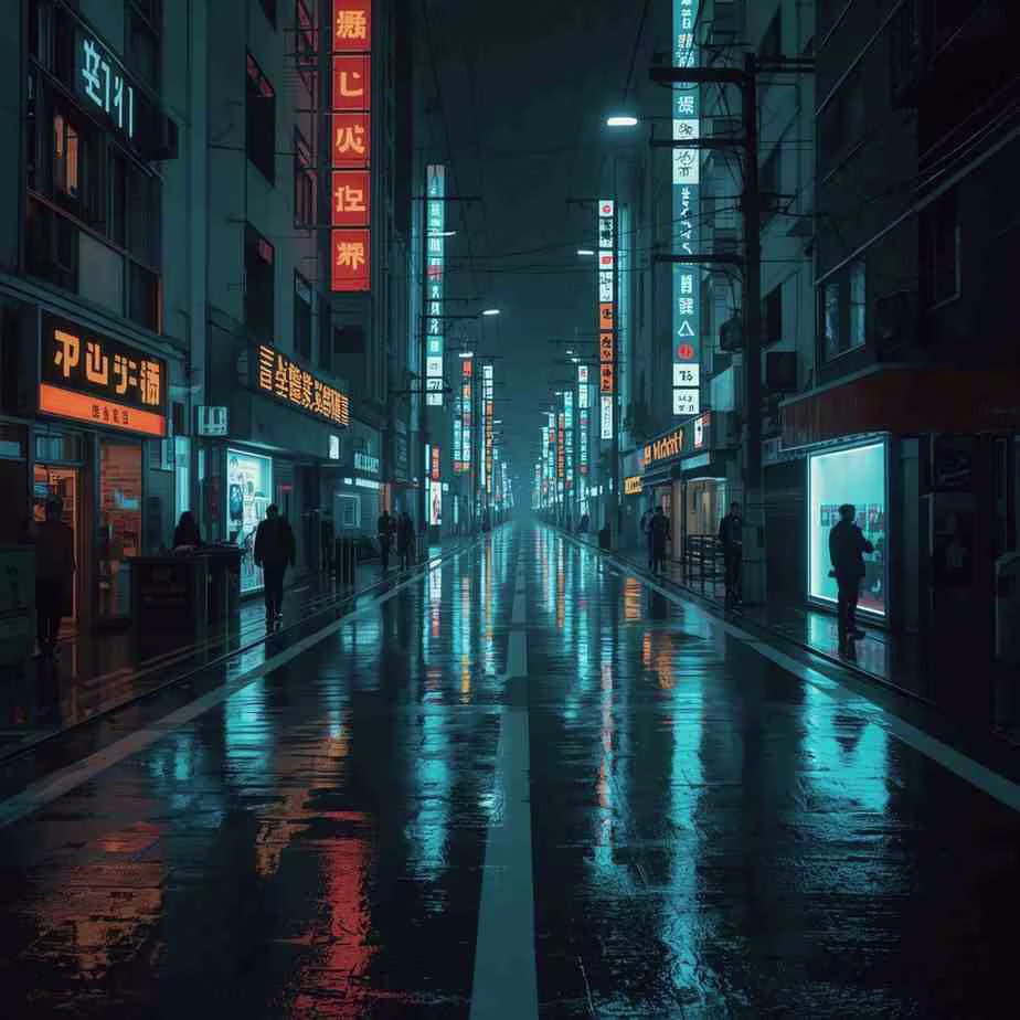 AI image generated with DALL-E generator - cyberpunk city at night with neon lights and rain reflections