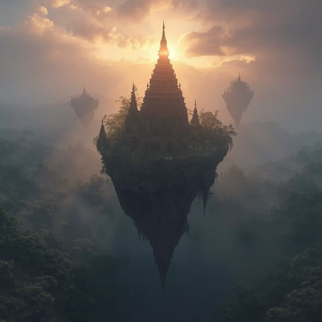 Fantasy landscape image made with free DALL-E generator - floating islands, magical forest, sunrise fog